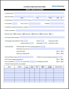 DS Contractors Questionnaire for Surety Credit